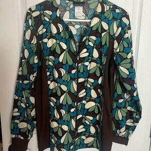 Cherokee zip long sleeved brown turquoise beige scrub jacket M